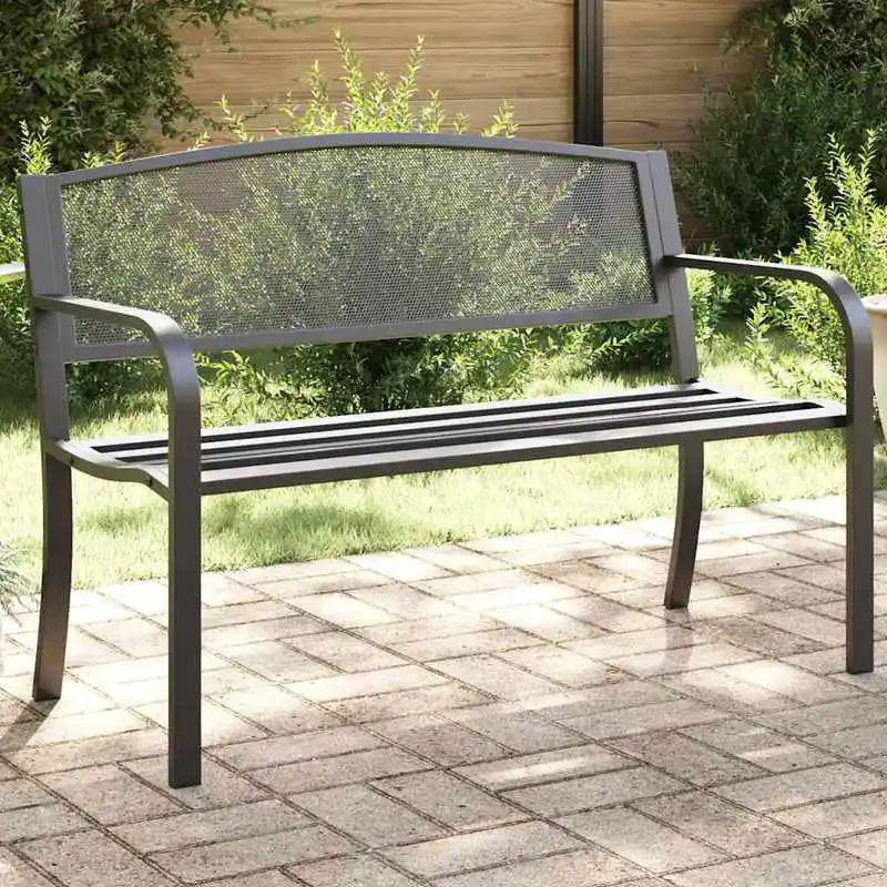 Banc de jardin d'extérieur avec dossier ajouré | Meubles de jardin robustes en acier thermolaqué | Banc de véranda résistant à la rouille avec accoudoirs pour jardin et terrasse