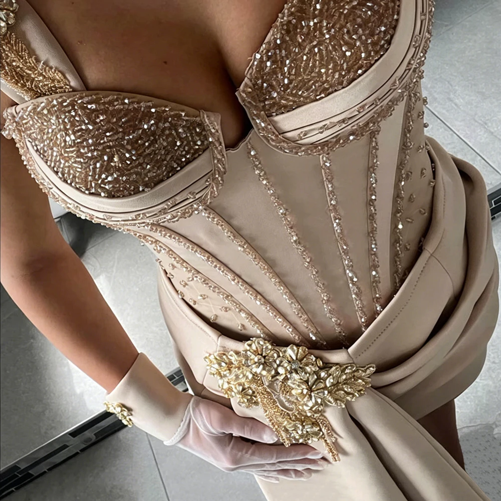 Customized Luxury Cocktail Dress Beading Applique 2 Pieces Women's Party Gowns Mini Sheath Pleated Draped Satin Cocktail Gown