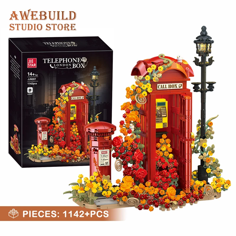 1142Pcs Retro Telephone Booth MOC Building Blocks 3D Model City Street View Flower Phone House Bricks Puzzle Toys Birthday Gifts