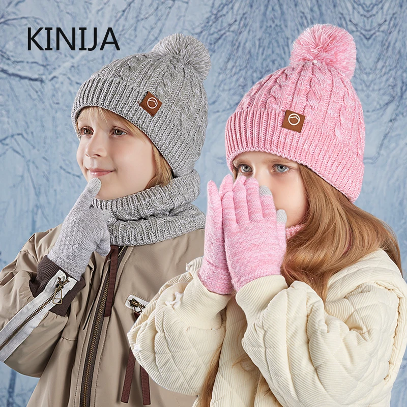 3pc Kinder Winter Hut Schal Handschuhe Set Unisex Kinder Beanie Kappe Gestrickte Schal Kappe Ohr Schutz Fleece Warme Mütze jungen Mädchen Image