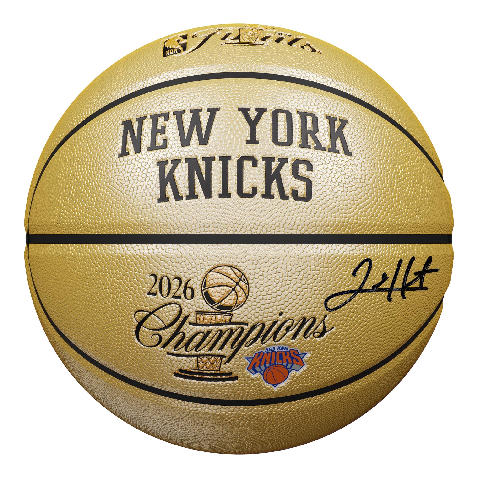 Ballon de basket-ball Wilson doré avec logo des finales, signé par Josh Hart, des New York Knicks, champions NBA 2026.