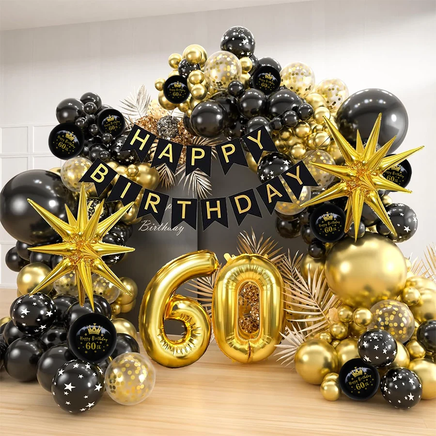60. Geburtstag Schwarz-Gold Ballongirlande Bogen-Set Happy Birthday Banner Nummer 60 Starburst Folienballons für Männer Frauen Partydekoration Image