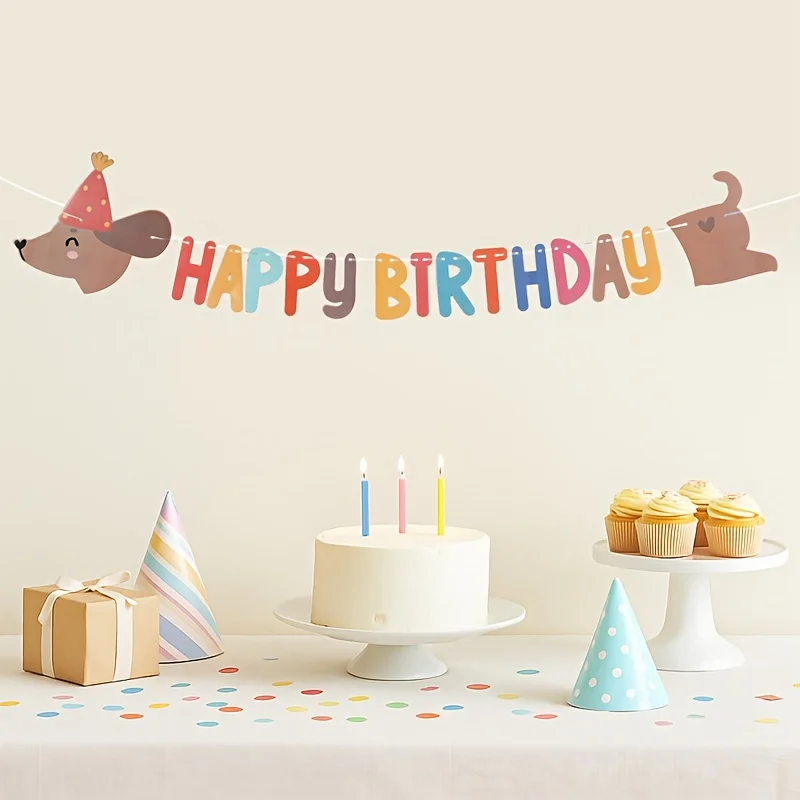 1 Satz Geburtstagsbanner mit niedlichen Dackel-Bannern mit der Aufschrift „Happy Birthday“, geeignet für Partydekoration. Image