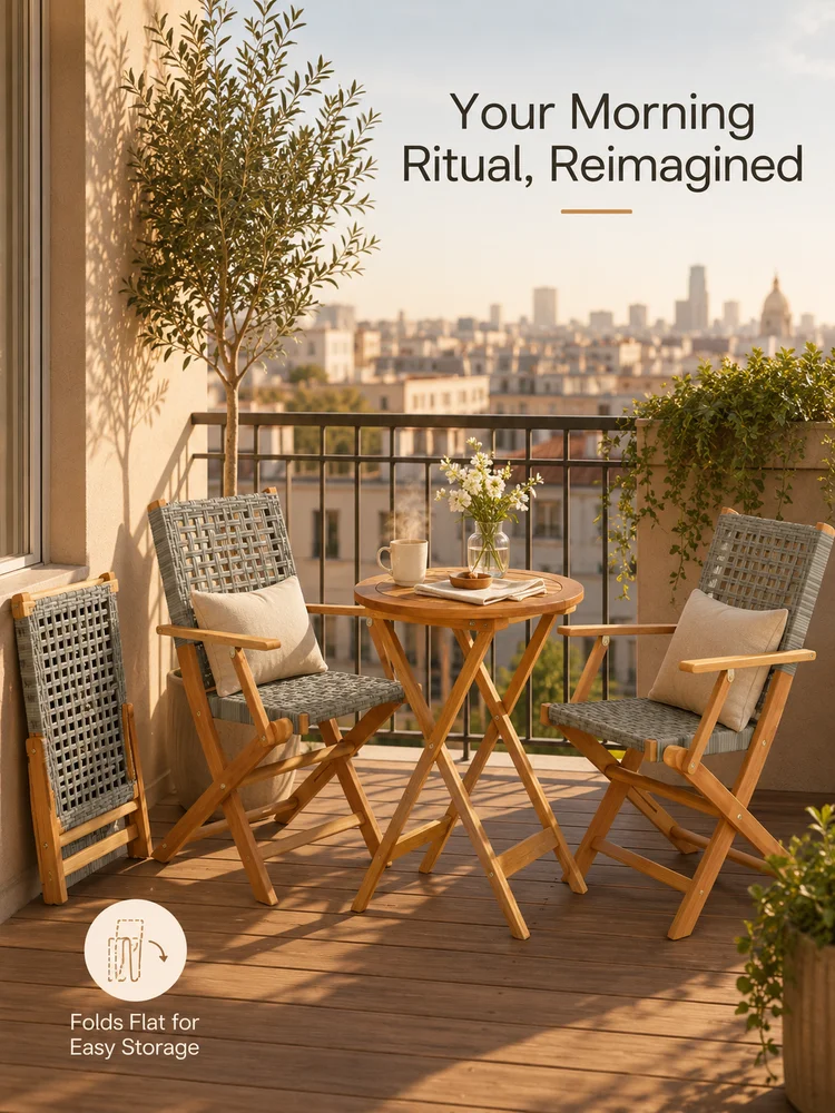 3-teiliges Bistro-Set aus grauem Polyrattan und massivem Akazienholz – Gartenmöbel, Outdoor-Sitzgruppe, Balkon-Set, Klapptisch und Stühle, wetterbeständiges, modernes Design