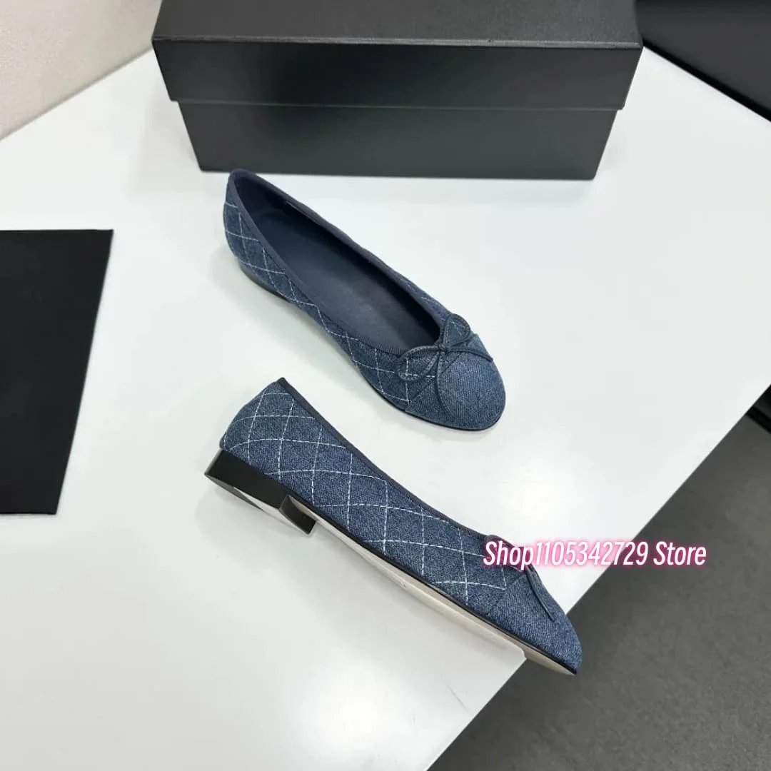 2026 Neues Design Denim-Blazer Frühling Herbst Ballerinas Leder Runde Zehenkappe Schleife Bequeme Größe Passende Damenschuhe Ballett