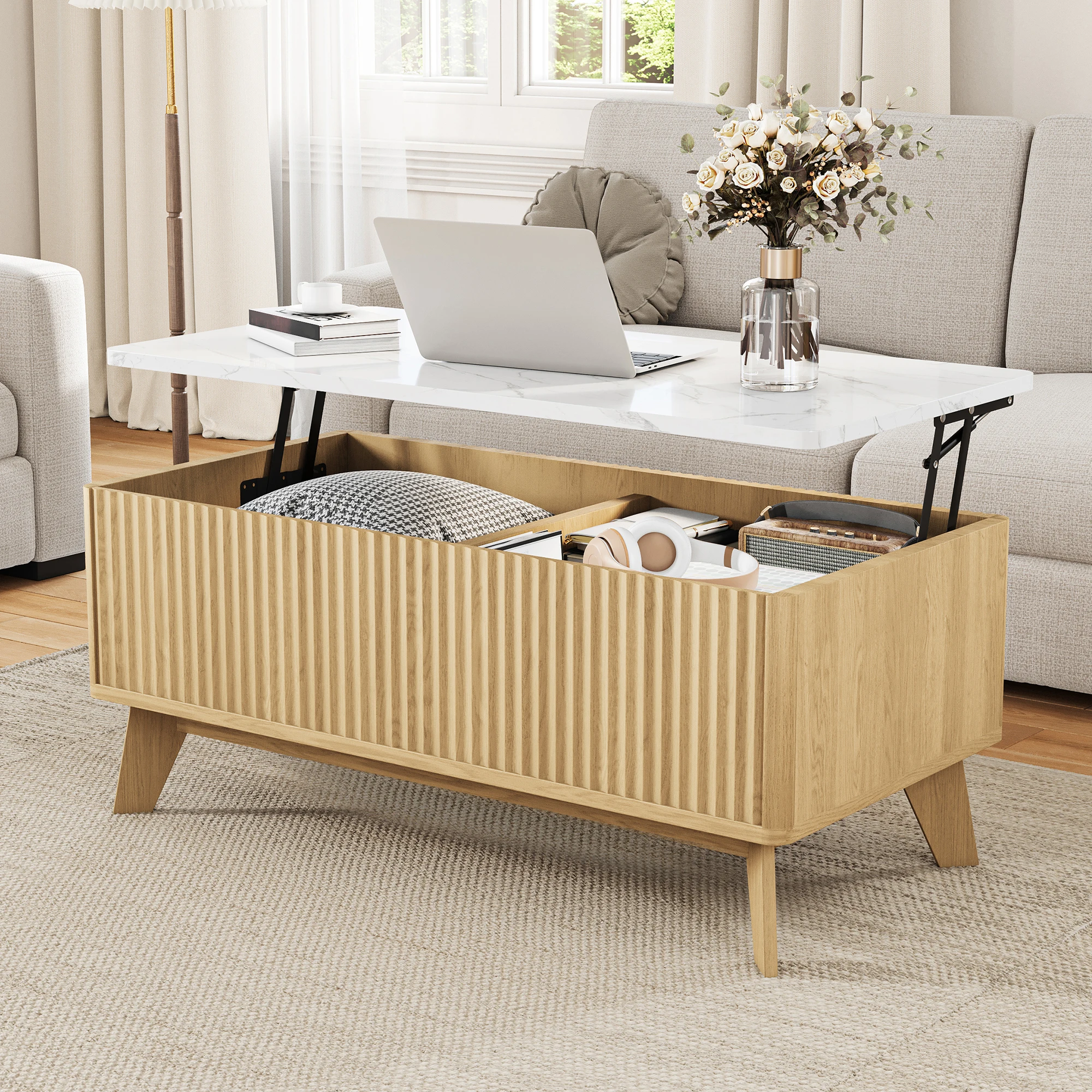 Rosahqnda Couchtisch, Wohnzimmertisch mit anhebbarer Tischplatte, Sofatisch mit höhenverstellbarer Tischplatte und Stauraum, Couchtisch/Beistelltisch, Marmorstruktur; moderner Wohnzimmertisch aus