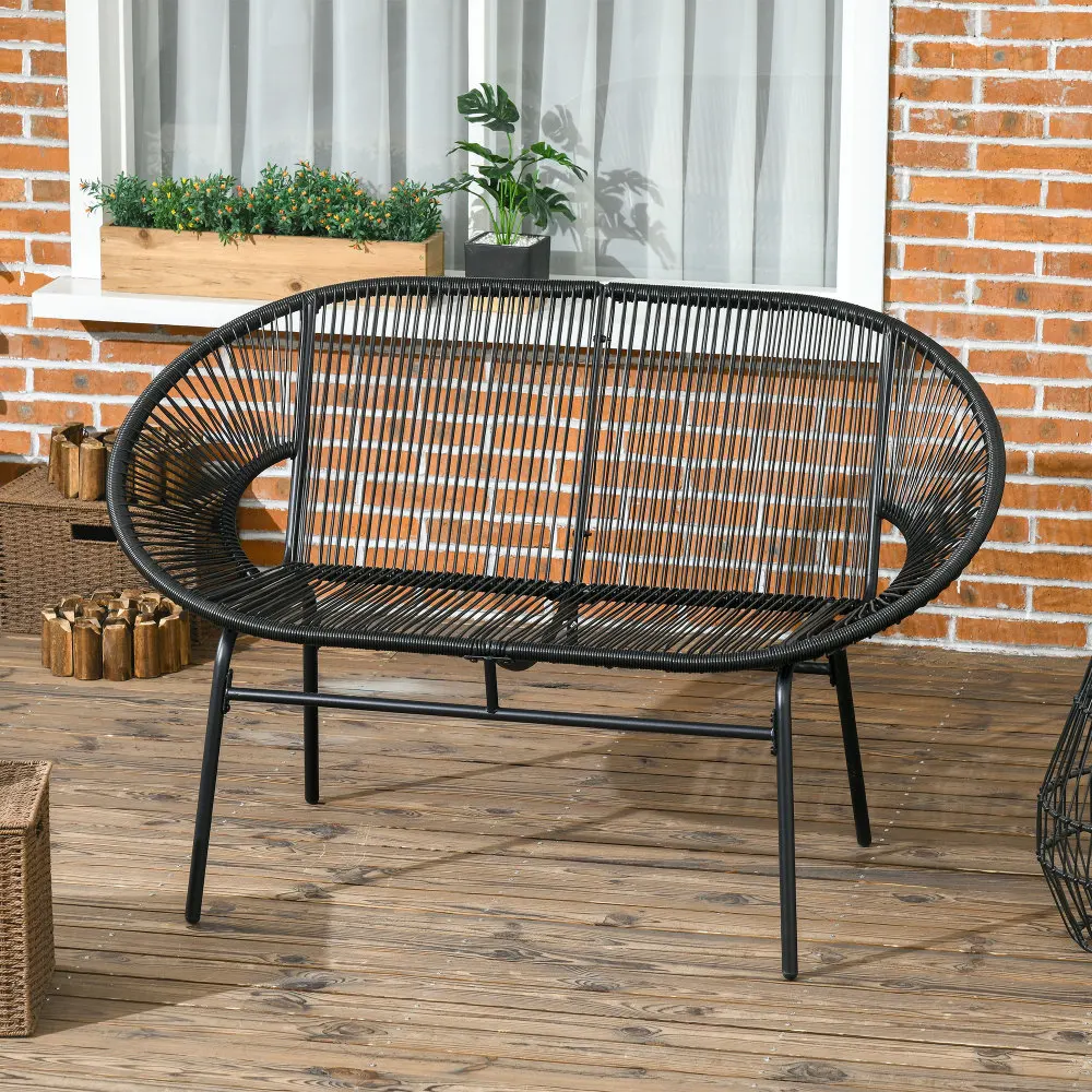 2-Sitzer Polyrattan Gartenbank, schwarz, stabiler Stahlrahmen, belastbar bis 260 kg, für Terrasse und Balkon