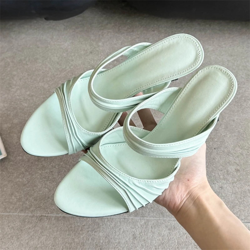 Eilyken Neues Sommer-Design, plissierte Keilabsatz-High-Heels, Damen-Hausschuhe, modische offene Zehenpartie, Bankett- und Party-Damenschuhe