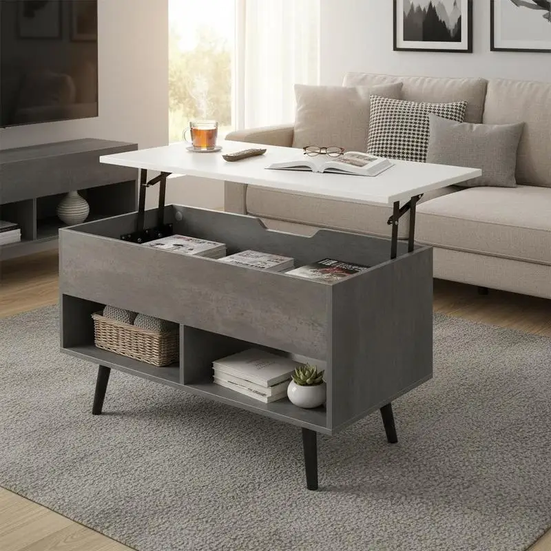 Lift-Top-Couchtisch mit verstecktem Fach und offenen Ablagefächern – Grau Image