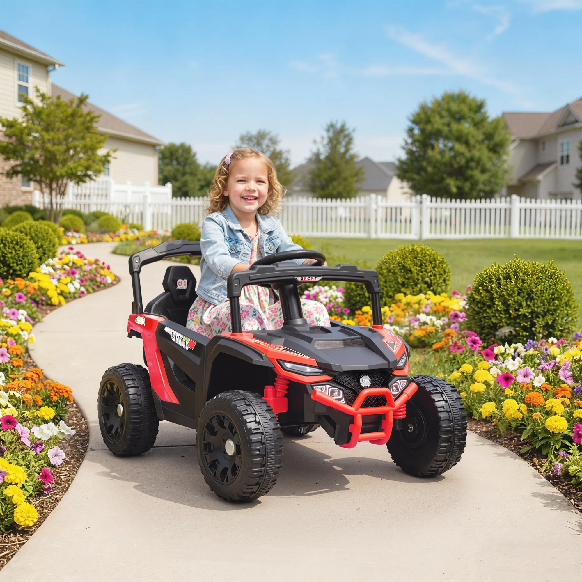 Voiture électrique pour Enfants UTV, Voiture électrique pour Enfants à Double Moteur 12V, avec télécommande, LED, Musique, Haut-Parleur, 3-8 Ans, Rouge