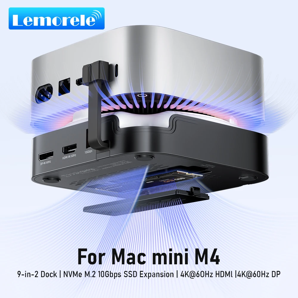 Lemorele TC800 für Mac Mini M4/M4 Pro Dock 9-in-2 USB-C Hub mit DP Dual HDMI 4K 60Hz 10Gbps NVMe M.2 SSD-Steckplatz SD/TF-Kartenleser Image