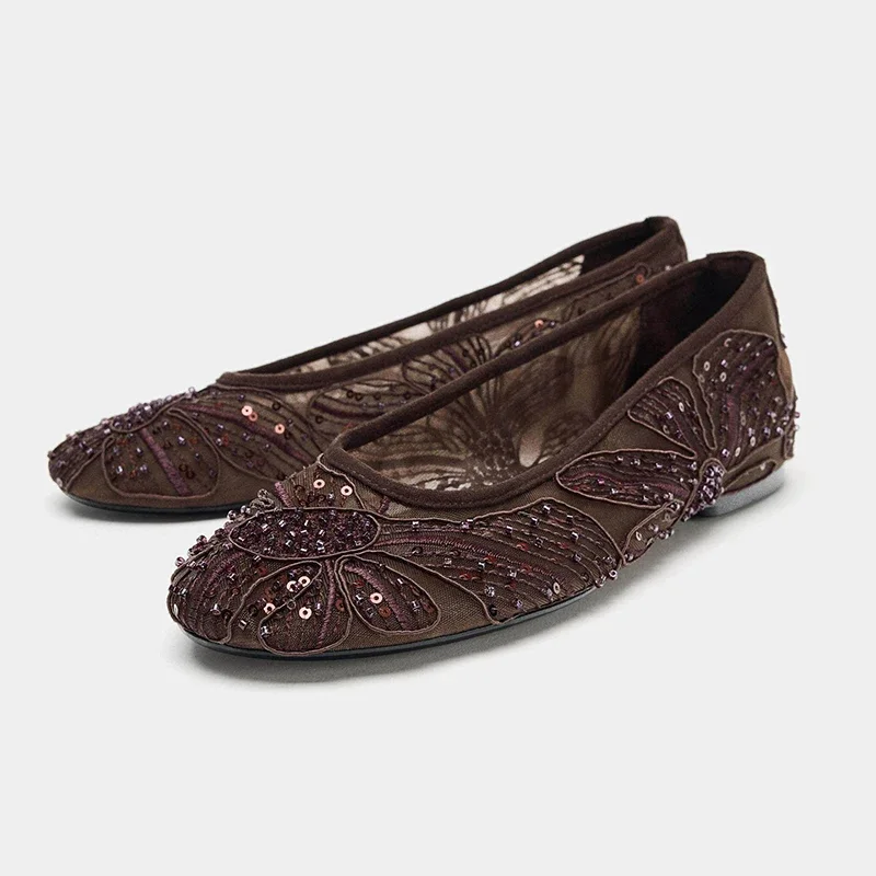Atmungsaktive, bequeme Mesh-Low-Top-Schuhe, französische Perlenstickerei, Retro-elegante Ballerinas, lässige, vielseitige, leichte Schuhe mit runder Spitze