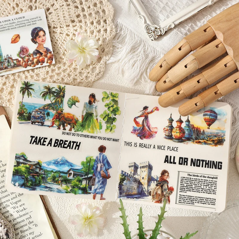 1 Packung/4 Stück Aufkleber-Set mit weltberühmten Gebäuden und Landschaften, wasserfest, DIY, handgefertigt, für Alben, Scrapbooking, dekoratives Zubehör Image