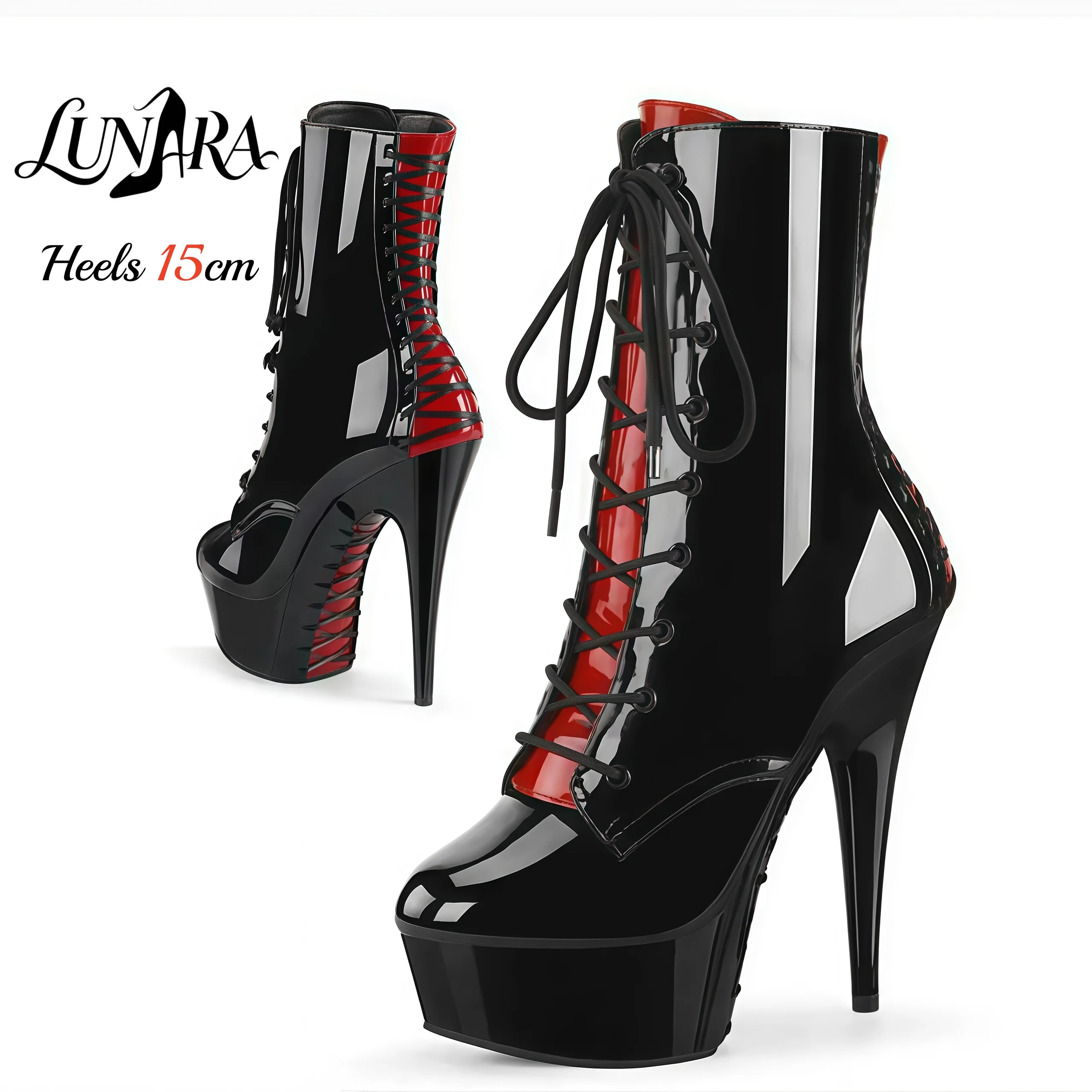 15cm/6 Zoll Schwarze Rote Lack-Plateau-Stiefeletten mit Hohem Absatz, Seitenreißverschluss, Schnürung, Rutschfest, Sexy Pole Dance Nachtclub Damenschuhe
