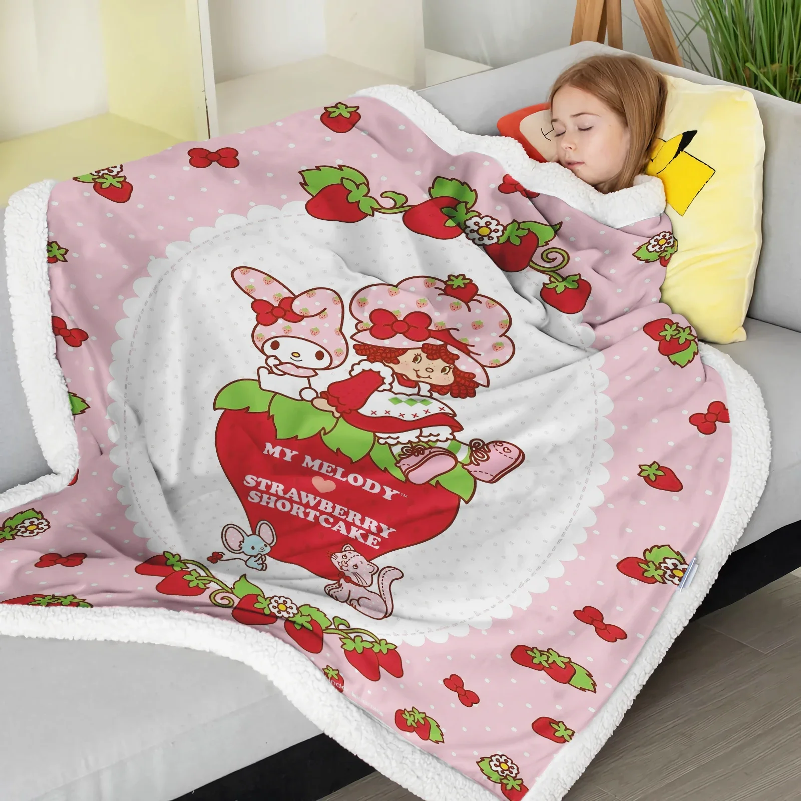 Cartoon-Erdbeer-Shortcake-Plüschdecke für Mädchen, weich, pelzig, bedruckt, Nickerchen-Überwurf, süßes Wintergeschenk für Kinder Image