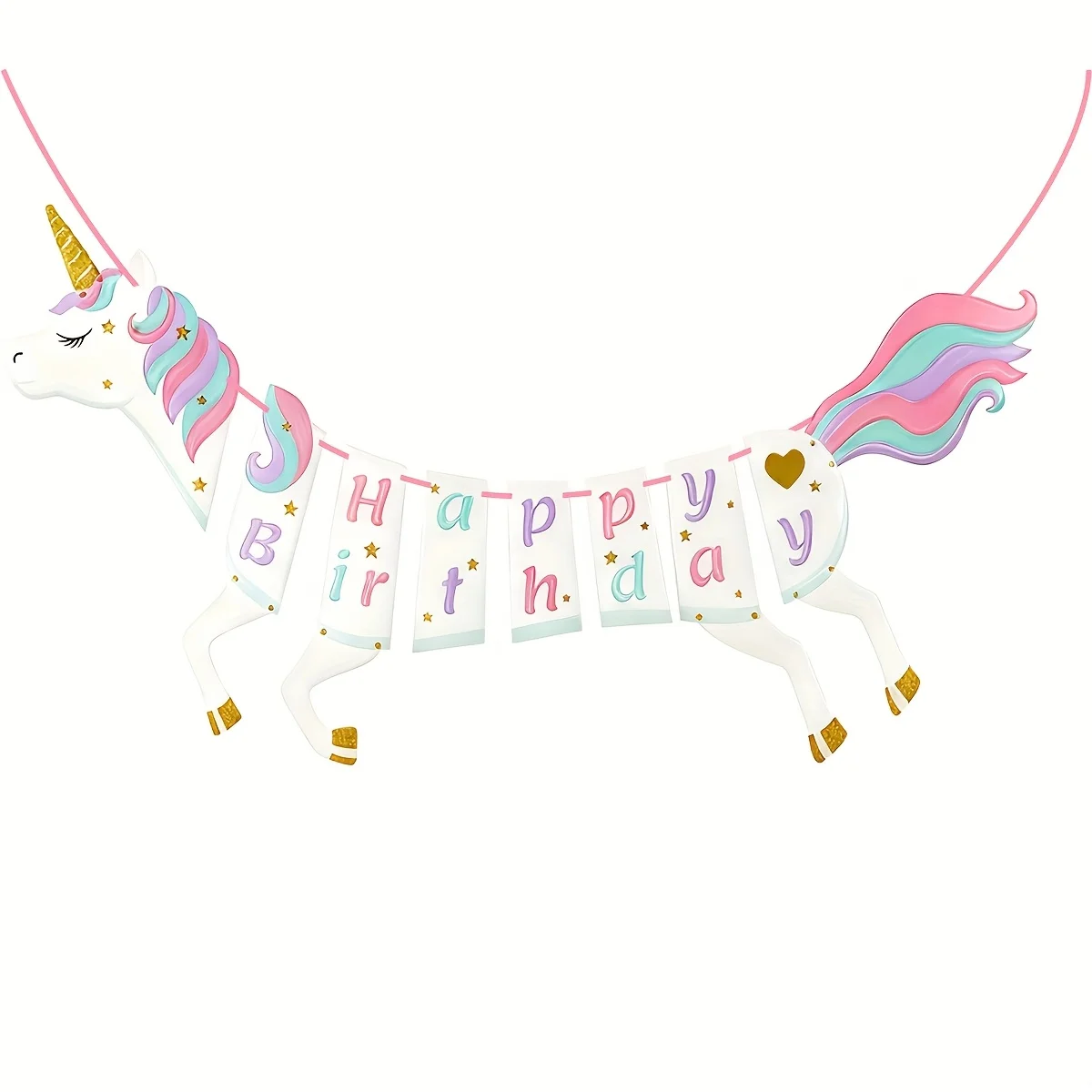 1 Stück magisches Einhorn-Geburtstagsbanner in rosa und lila Farbtönen, verziert mit goldenen Happy-Birthday-Stern- und Herzdekorationen Image