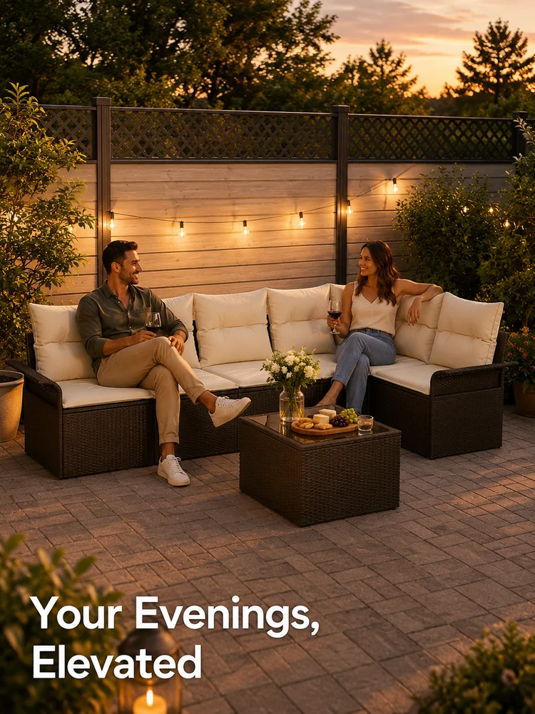 6-teiliges Garten-Sofa-Set mit Kissen, graue Polyrattan-Lounge-Möbel für den Außenbereich, modulare Sitzgruppe mit Tisch für 6 Personen, wetterbeständiges Terrassen-Set für Balkon, Terrasse, Garten