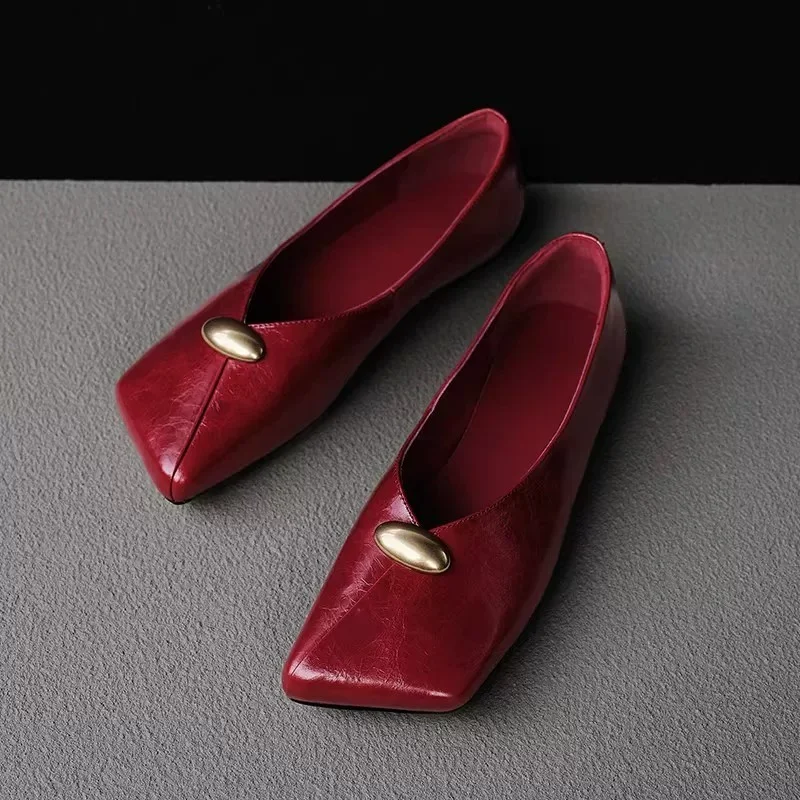 Frühlings- und Sommer-Damenschuhe in Unifarben, Bequeme Vintage-Schuhe mit Metallschnallen-Verzierung, Modische Flache Damenschuhe