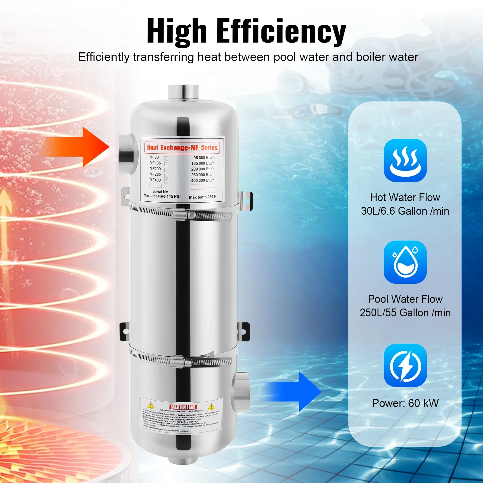 Échangeur de chaleur pour piscine, chauffe-eau pour piscine, échangeur de chaleur en acier inoxydable, pour spas, piscines, chauffage de piscine, 60 kW