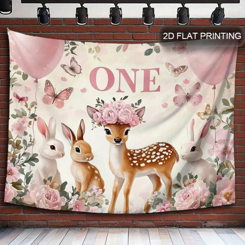 Hintergrund für Partys zum 11. Geburtstag – rosa und weißes Blumenhirsch, Kaninchen, Ballondekoration, kein Strom erforderlich Image