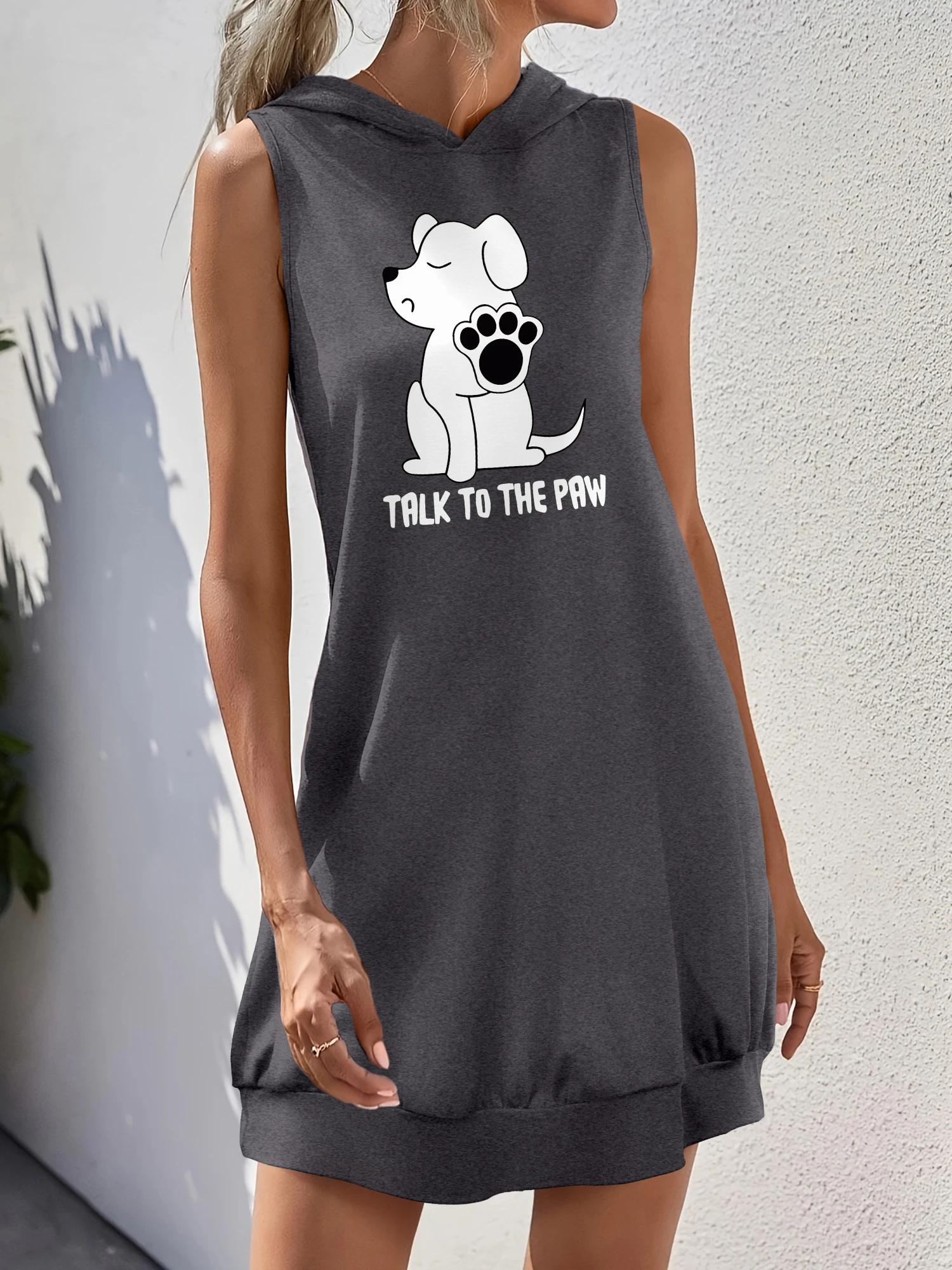 Ärmelloses Damenkleid mit Kapuze, Talk To The Paw, lässiges, lockeres Mini-Tankkleid mit Hundemotiv, lustiges Haustier-Outfit Image