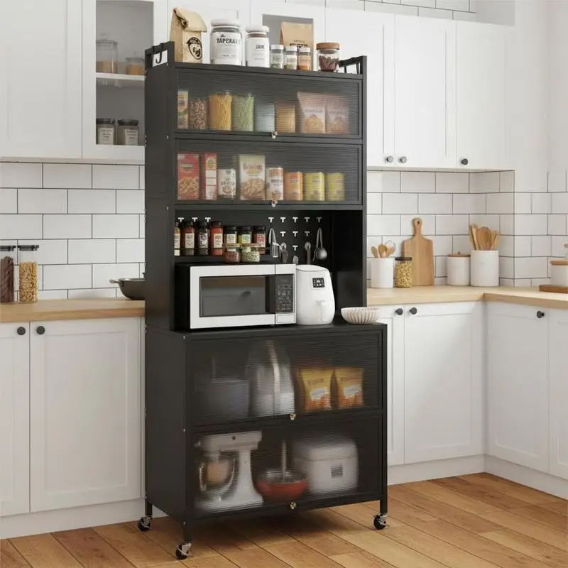6-stöckiger Küchenschrank Buffetschrank mit Vitrine - Schwarz Image