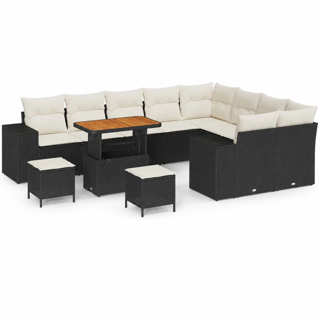 12-teiliges Garten-Sofa-Set mit Kissen, schwarzes Polyrattan-Akazienholz, Outdoor-Lounge-Set, modulare Balkonmöbel, wetterbeständige Terrassensitzgruppe für 5 Personen