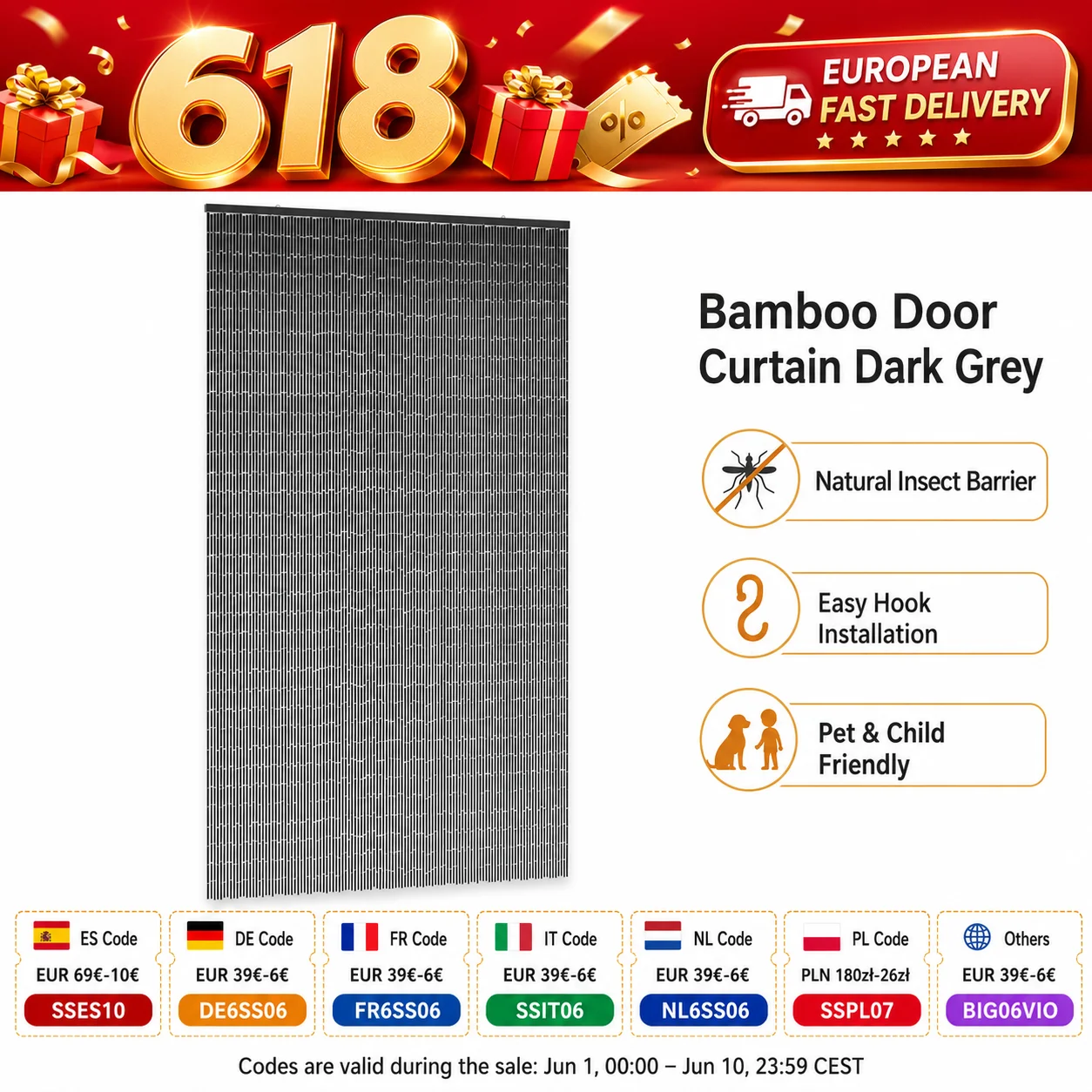 Bambus-Türvorhang Dunkelgrau 120x220 cm, Fliegengitter für Türen, Fensterdekoration, Insektenschutz für Zuhause, Küche, Terrasse, einfache Montage mit Haken, langlebig und atmungsaktiv Image