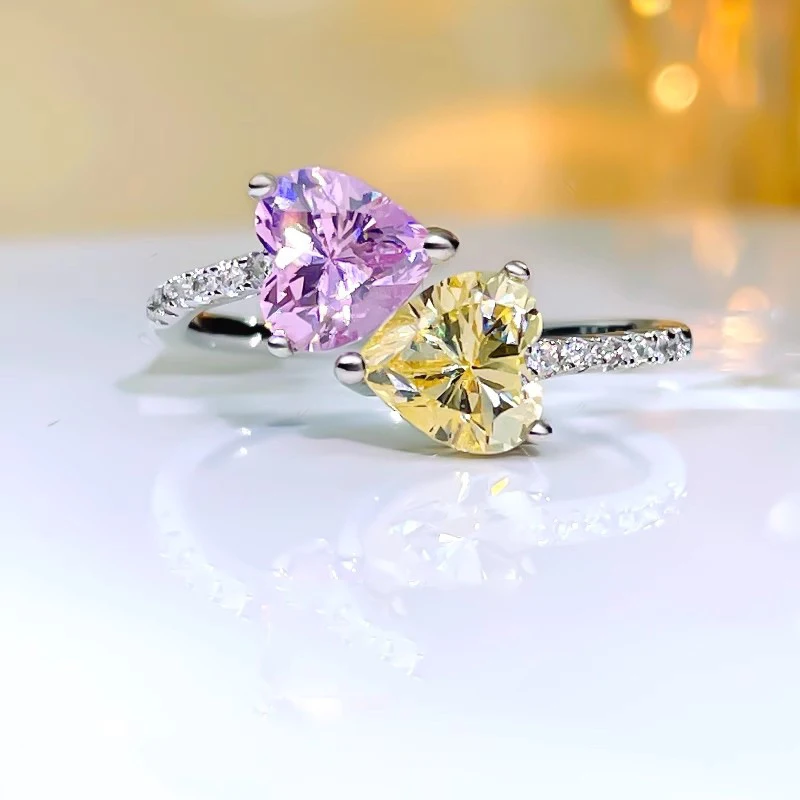 2026 Hip-Hop-Stil Schmuck - Rosa Diamant Herzförmiger Sterling Silber Ring - Verstellbar - Verlobungs- und Heiratsantrags-Schmuck für Damen