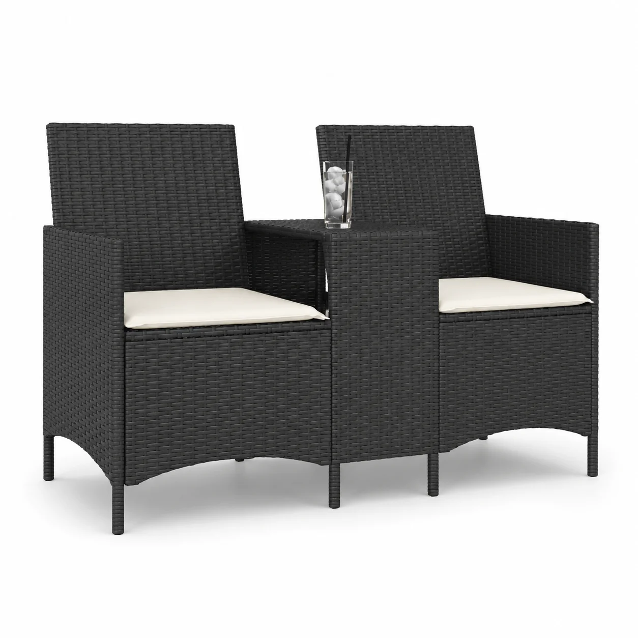 Gartensofa 2-Sitzer mit Tisch und Kissen, schwarzes Polyrattan-Outdoor-Sofa, wetterbeständiges Terrassen-Lounge-Set für Terrasse, Balkon, Garten, bequeme Sitzgelegenheit mit abnehmbaren, waschbaren
