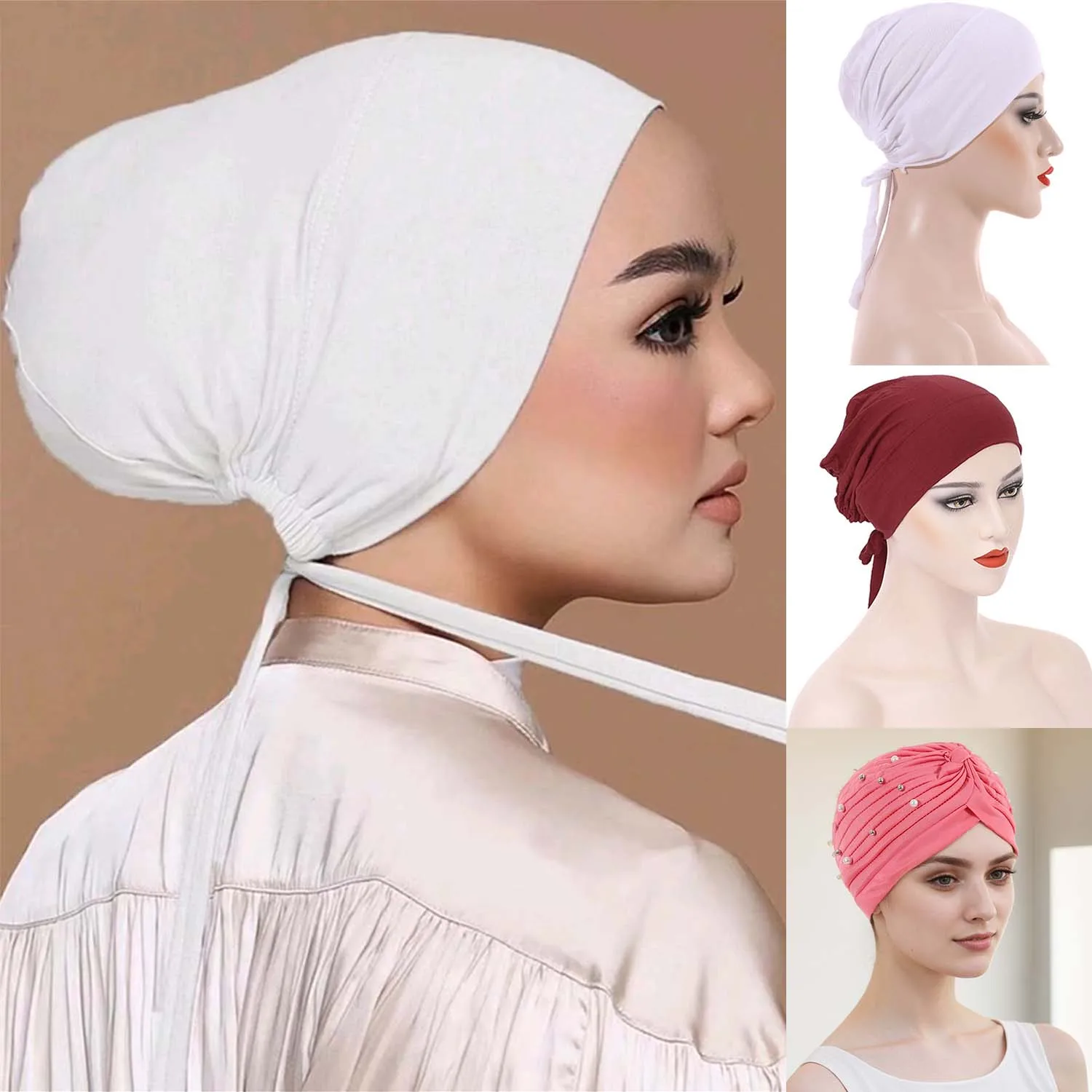 Frauen Hijab Unterkappe Turban Beanie Caps Islamischen Muslimischen Unter Hijab Kappe Innere Unter Schal Hut Hijab Kappe mit Krawatte Zurück Verschluss Image