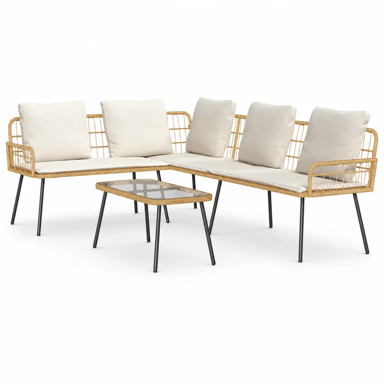 2-teiliges Garten-Sofaset mit Kissen, Gartenmöbel aus natürlichem Polyrattan, Sitzgruppe für die Terrasse, wetterbeständiges Rattan-Sofa für Balkon, Terrasse, Garten, für bis zu 5 Personen, Beige