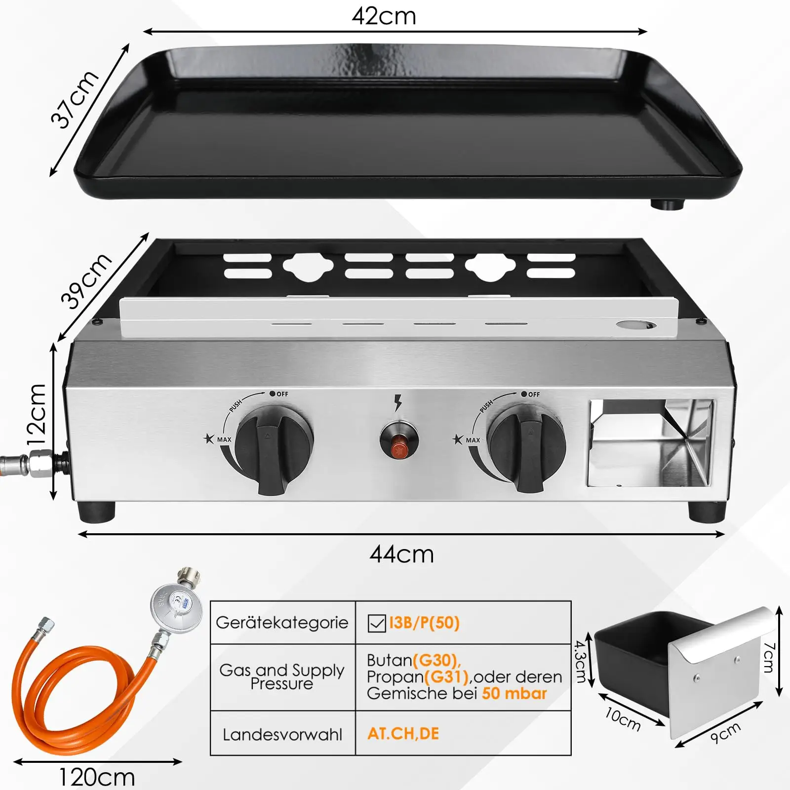 Gas Plancha Grillplatte,Kompakt Tischgasgrill 2 Brenner,Plancha Gasgrill Edelstahl 4,8KW(16500 BTU),Keramische Lackbeschichtung Grillfläche,Camping Tischgrill Gas Garten,Terrasse(Butan/Propan) Image