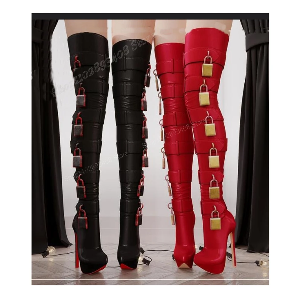 Rote Schlösser Dekor Matte Leder Overknee Stiefel Stiletto High Heel Mode Sexy Frauen Schuhe 2024 Frühling Zapatos Para Mujere