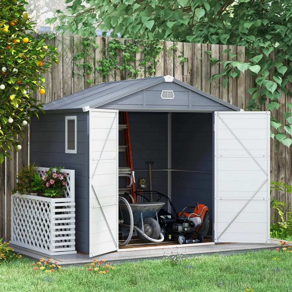 Abri de jardin Outsunny 4,1 m³, abri de jardin avec toit en pente, 240 x 190 x 180/228 cm, abri à outils avec porte verrouillable, fenêtre, garage à vélos, armoire de jardin en aluminium, pour jardin,