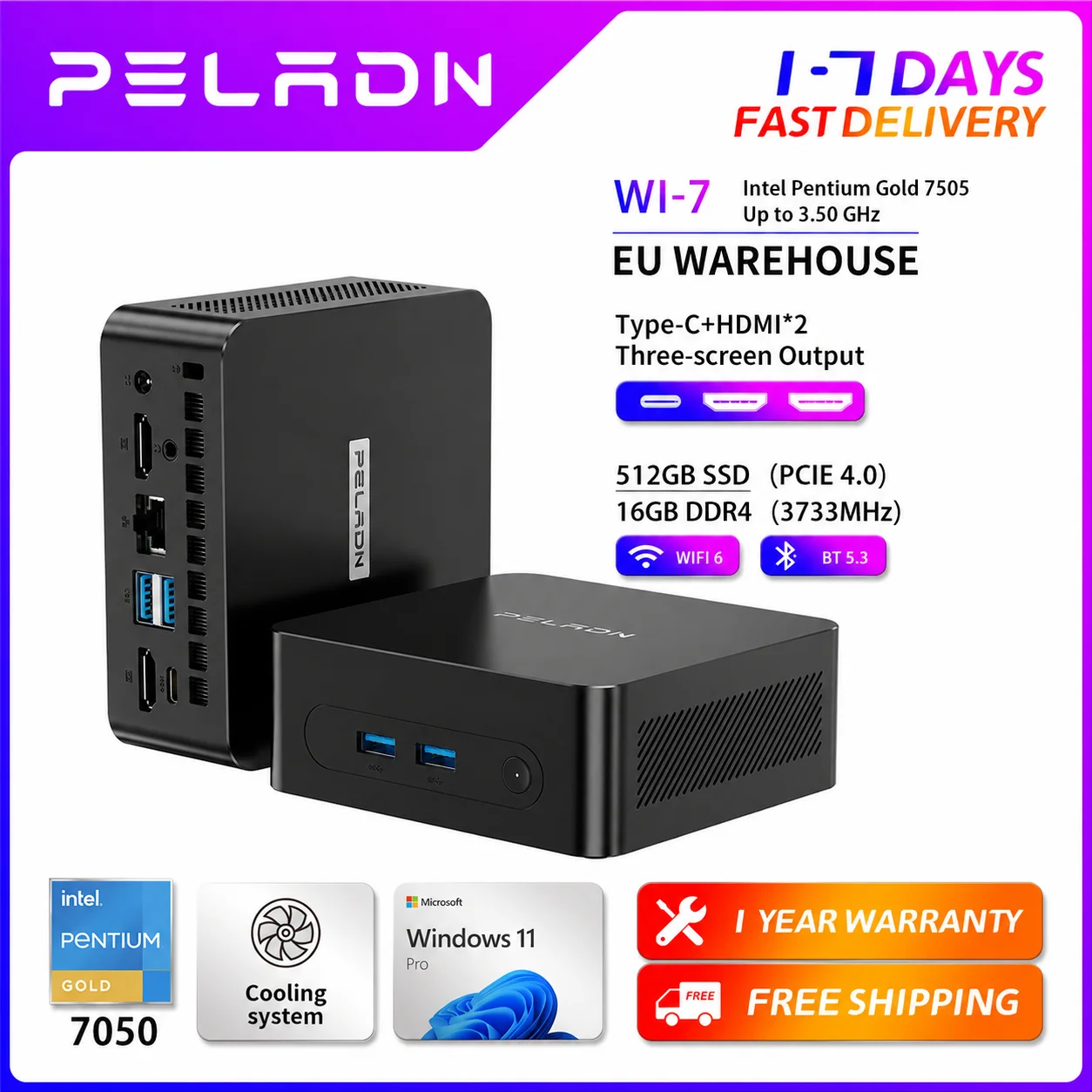 Peladn WI-7 Mini-PC Intel Pentium Gold 7505 4M Cache, bis zu 3,50 GHz, mit IPU 16GB DDR4 512GB SSD WIFI6 BT5.3 Unterstützt Dreifach-Bildschirmanzeige Windows 11 Pro Computer Image