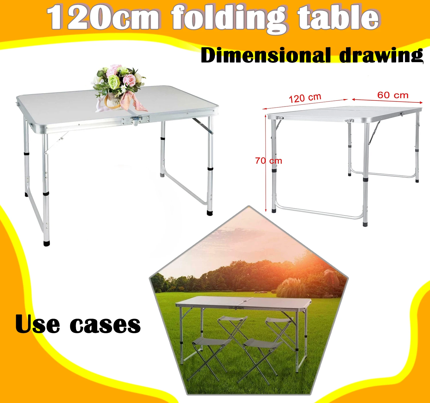 Klappbarer Campingtisch, 120 x 60 cm, große Tischplatte, höhenverstellbar, 55/62/70 cm, tragbarer, zusammenklappbarer Picknicktisch für den Außenbereich, Balkontisch für zu Hause