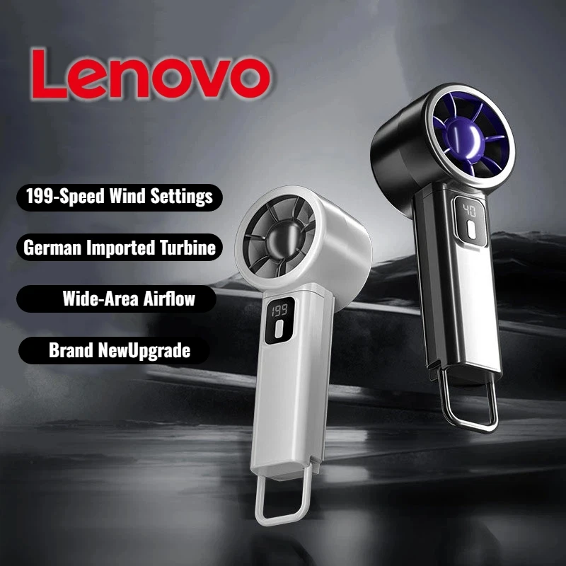 Lenovo Handventilator, 10000 U/min, hohe Geschwindigkeit, 199 Geschwindigkeitsstufen, tragbarer USB-Ventilator, lange Akkulaufzeit, starker Wind, Desktop-Ventilator für Reisen im Freien, neu Image