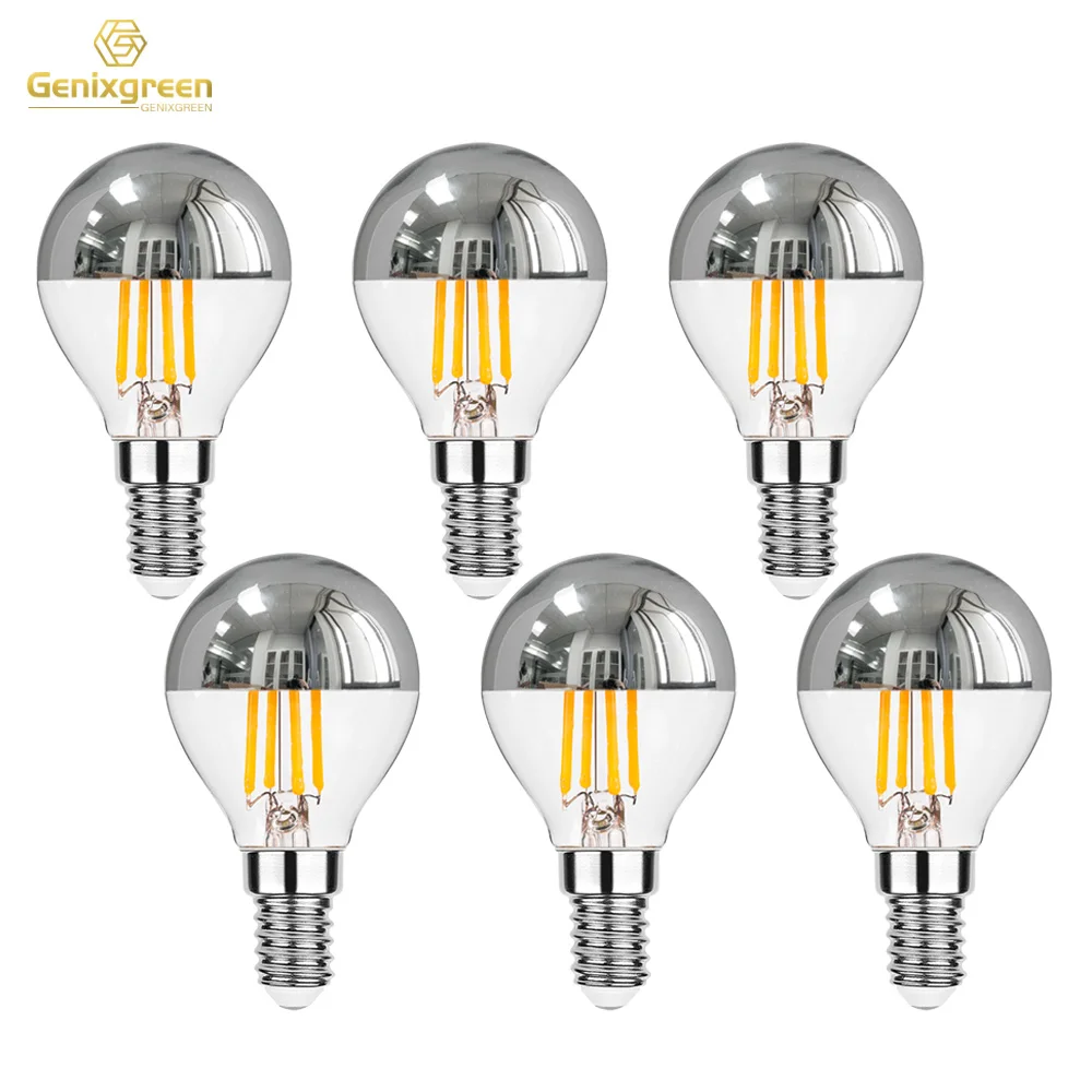 Genixgreen E12 E14 LED Spiegellampe Dimmbar 4W G45 Top Silberne Kronen-Globuslampe 2700K Deko Flur G14 Halb-Chrom Edison-Glühbirne