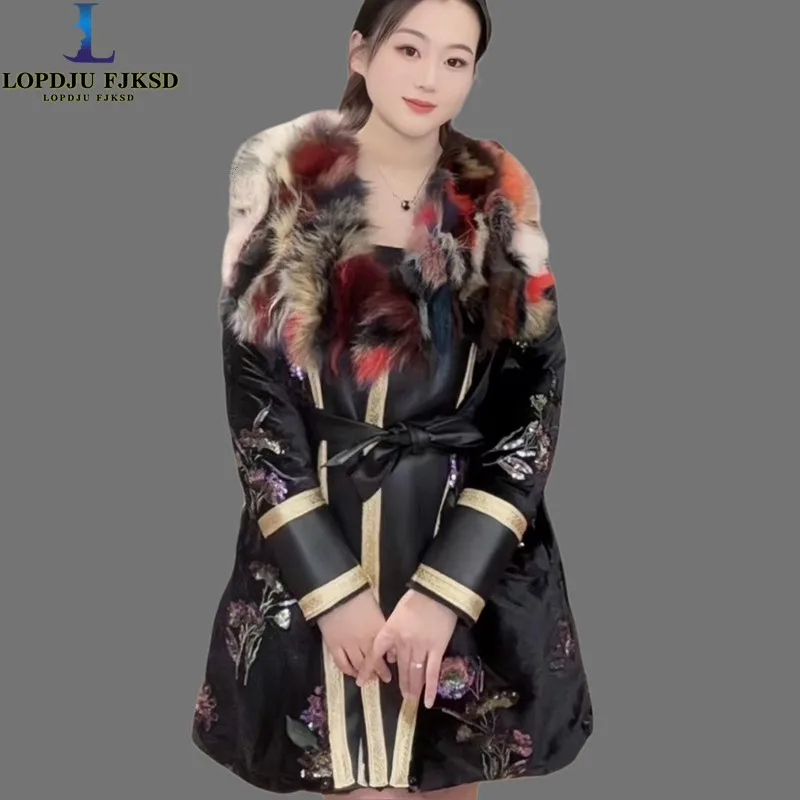 Manteau en fausse fourrure pour femmes, veste de luxe, vêtements féminins, col en fourrure de renard, taille réglable, vêtements féminins épissés, nouveau, hiver, 2025