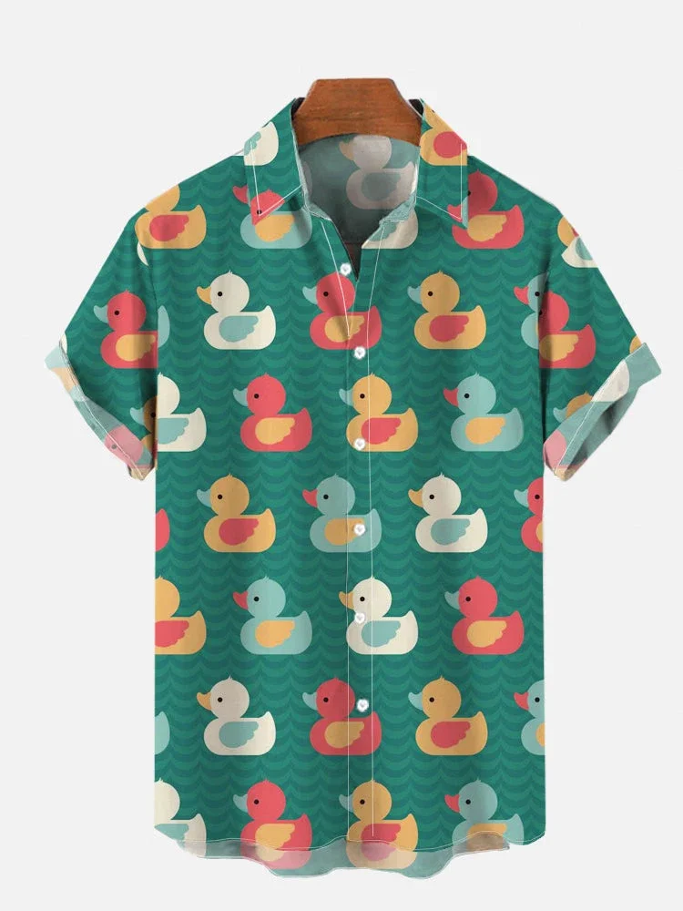 Bequeme Unisex-Herrenhemden mit 3D-Druck, Cartoon-Motiv, niedlicher Enten-Print, Kurzarmhemd, modische Hawaiihemden für Image