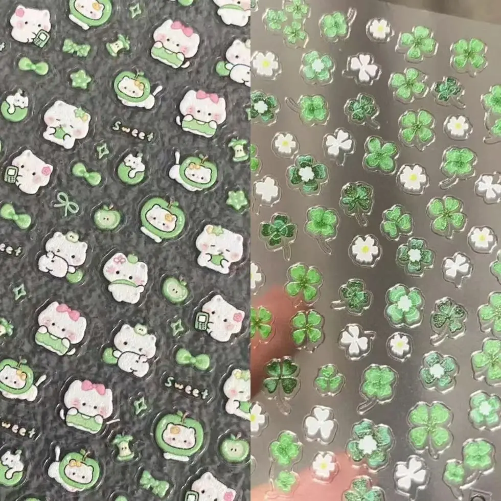 Niedliche Grüne Apfel-Kätzchen Vierblättriges Kleeblatt Geprägte Aufkleber für Feuerzeuge, Wasserbecher, Handyhüllen DIY-Dekoration, Nagelaufkleber Image