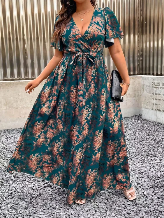 Elegantes grünes Türkis- und Braun-Boho-Print-Maxikleid für Damen mit überkreuztem Ausschnitt und A-Linien-Saum, geeignet für formelle Anlässe