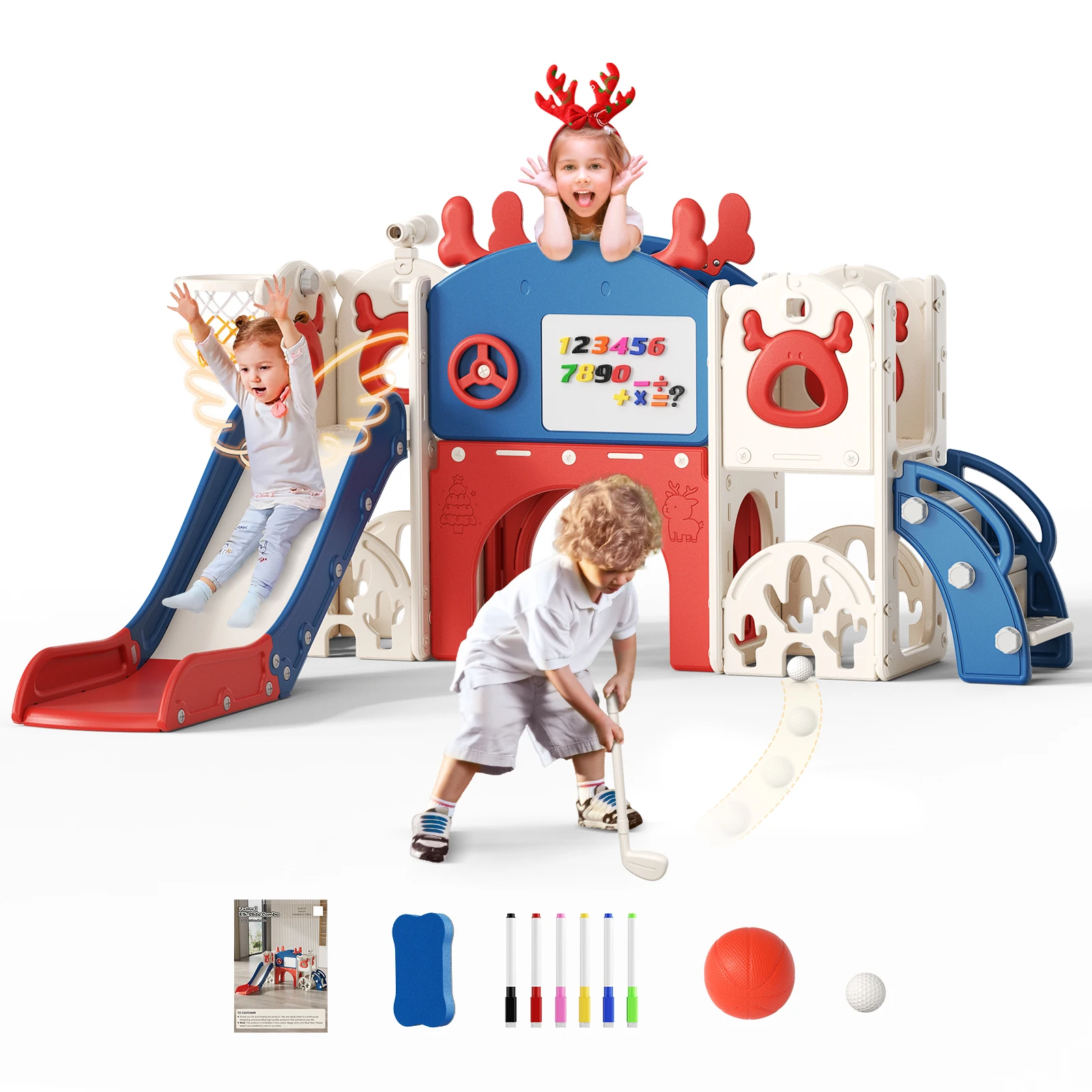 Elch Rutsche Kleinkind Rutsche Kinder Kunststoff Rutsche Spielzeug mit Basketballkorb Indoor und Outdoor Baby Kletterer Spielset 7-in-1-Spielplatz Image