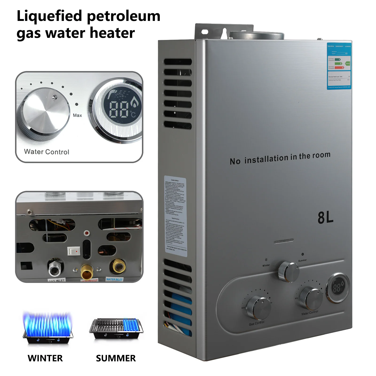 6L/8L LPG Gas Wasser Heizung Edelstahl Tankless Propan Gas LPG Kessel Mit Dusche Kit Hause Camping gerät Image