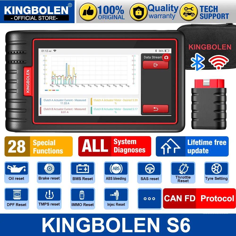 Lebenslange kostenlose Updates. Neueste Version des KINGBOLEN S6 CAN FD Diagnosegeräts für alle deutschen Fahrzeuge mit OBD-Scanner, Bluetooth, 28 Resets und automatischer Fahrgestellnummern-Erkennung. Image
