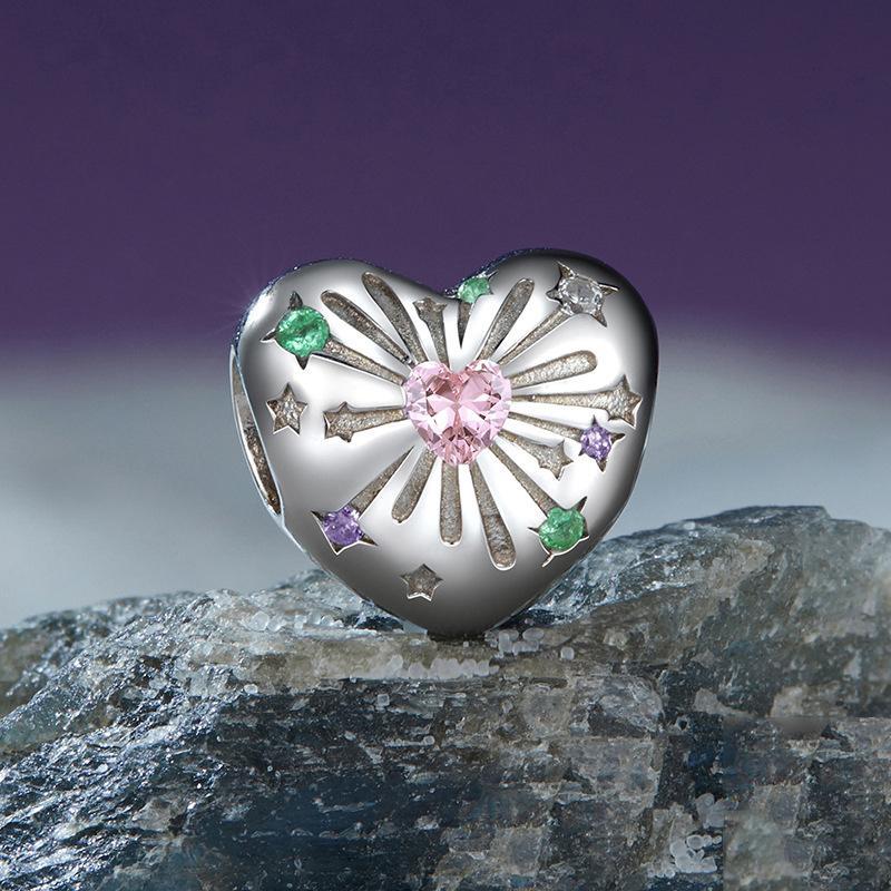 Sterling Silver Charm Bead Heart With Zircon Platinum Plated DIY Bracelet Charm Sterling Silver Charm Bead Heart With Zircon Platinum Plated DIY Bracelet Charm