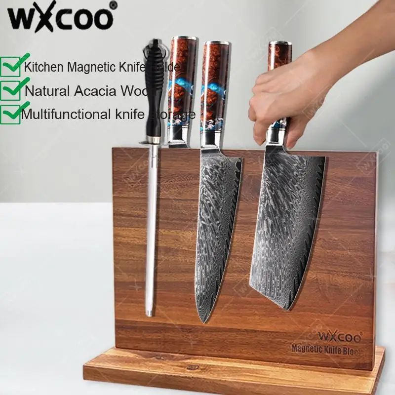 Acacia Wood Magnetic Knife Holder Block Kitchen Organizer knife Block B