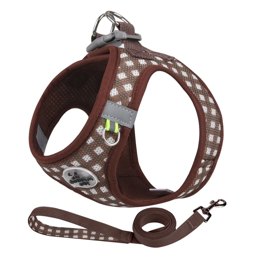 Checkered Breathable Pet Harness And Leash Set coffee s