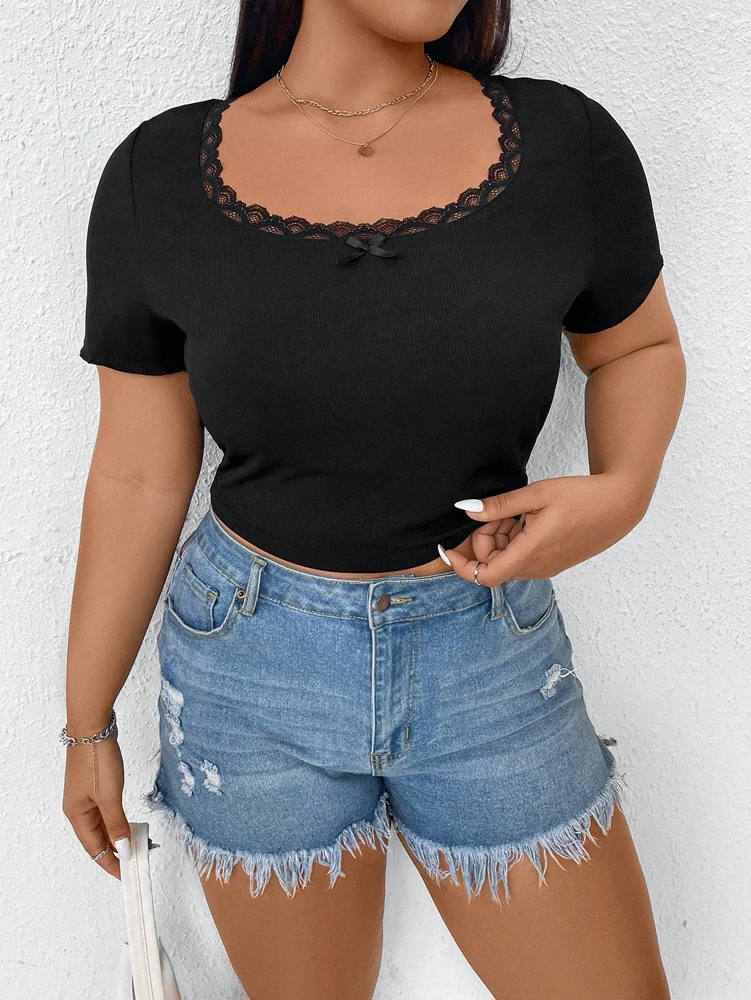 Plus Größe Sommer Damen T-Shirt Solide Basic Tops Spitze Rundhals Kurzarm Pullover Home Office Casual Lose